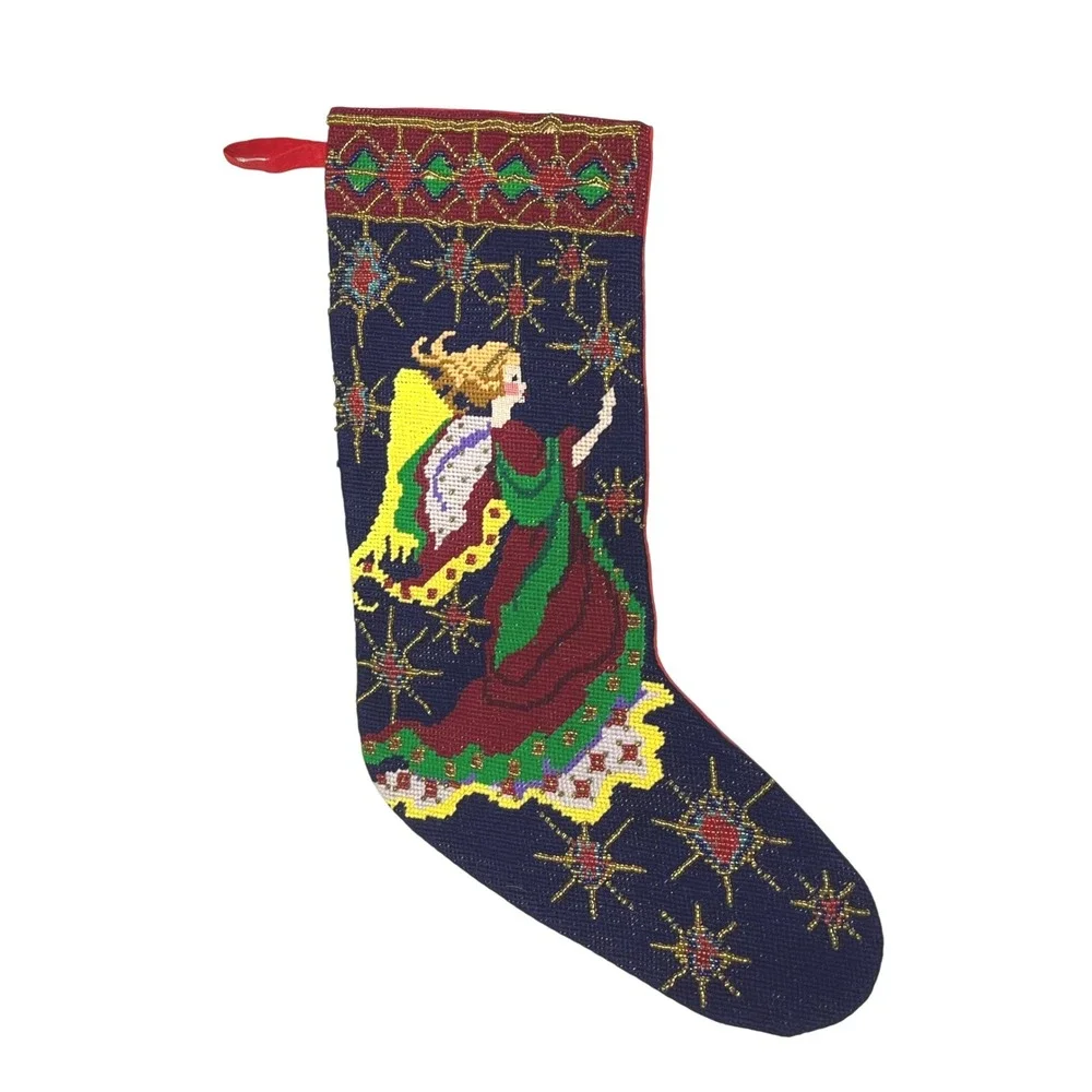 Handmade Needlepoint Angel‎ Christmas Stocking Beaded Stars Red Velvet